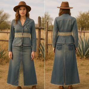 Vintage Crest Jeans Y2K Denim Lace Maxi Skirt Jacket Set Med Western Boho Rare